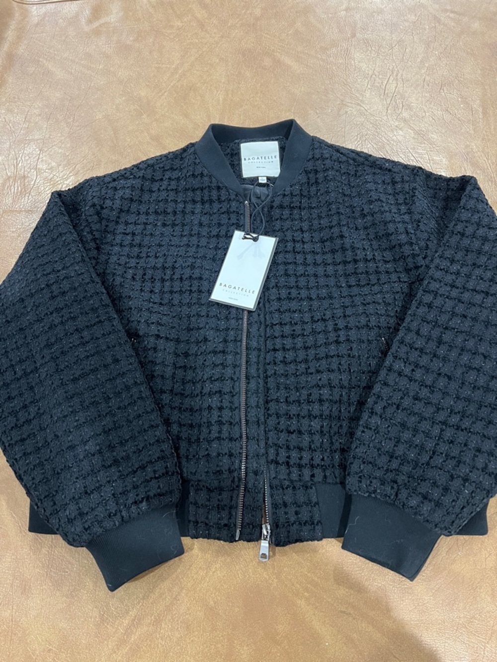 bagatelle Men's Black Textured Bomber Jacket with Ribbed Trim